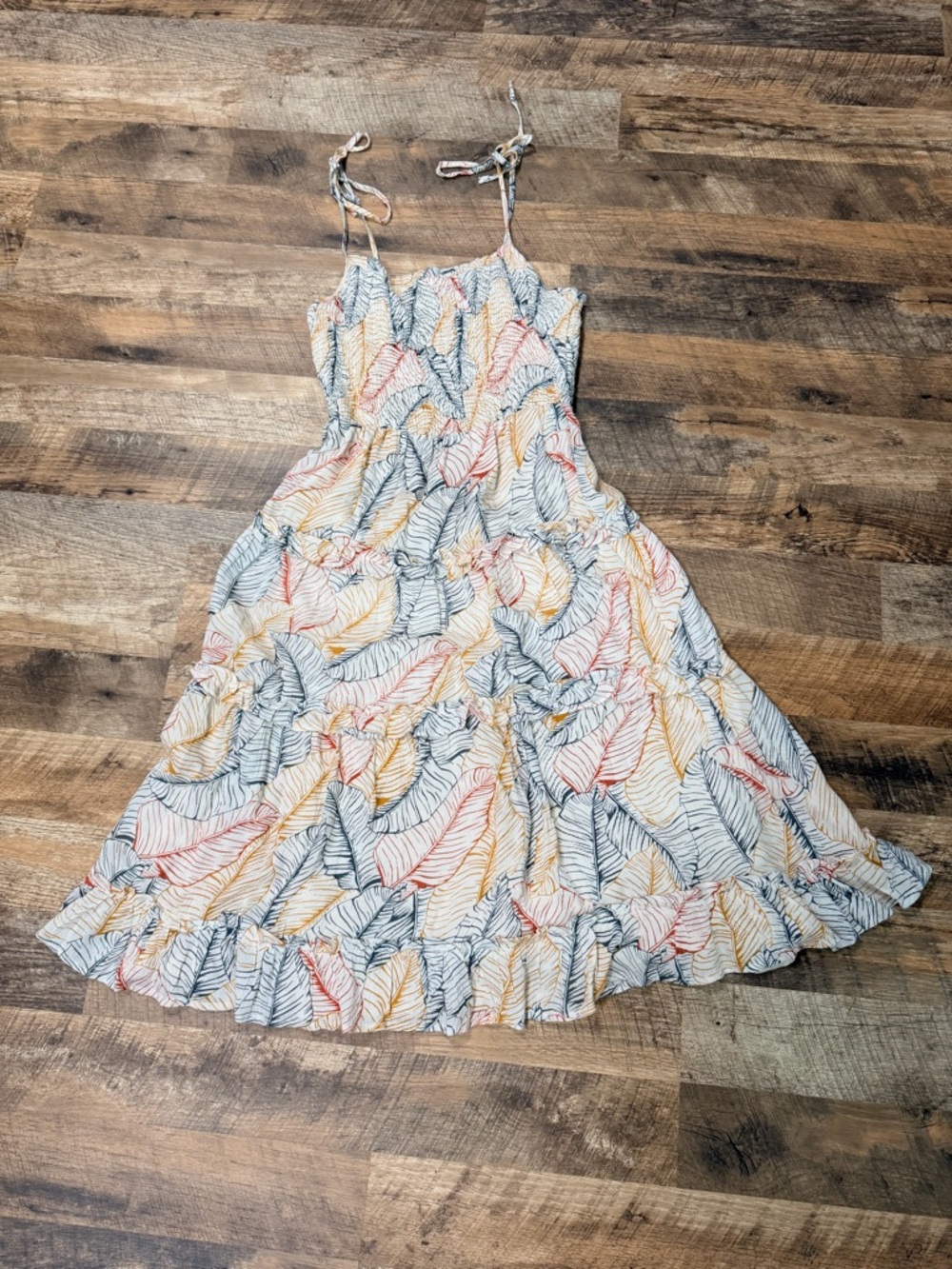 Lightweight Leaf-Print Midi Sundress in White with Blue & Coral Leaves